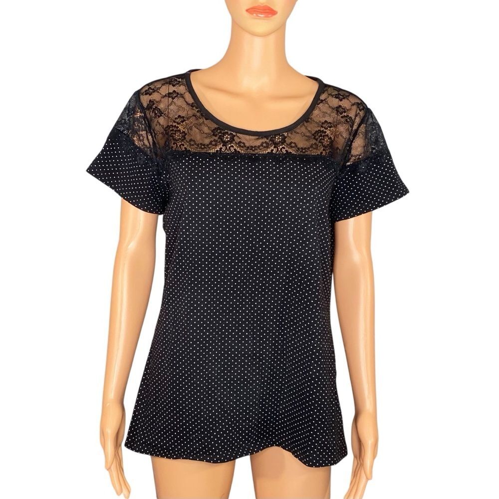 Simply Styled BlK Blouse White Polka Dot Detail Lacey Accents Short Sleeve SZ Lg